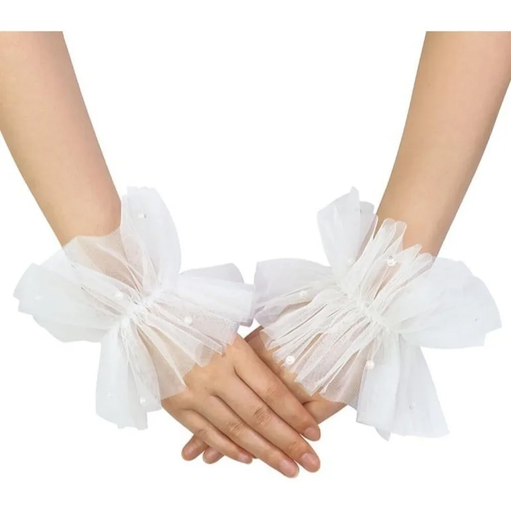 Women's Fingerless White Tulle Pearl Short Lace Gloves Hallowmas Accessory